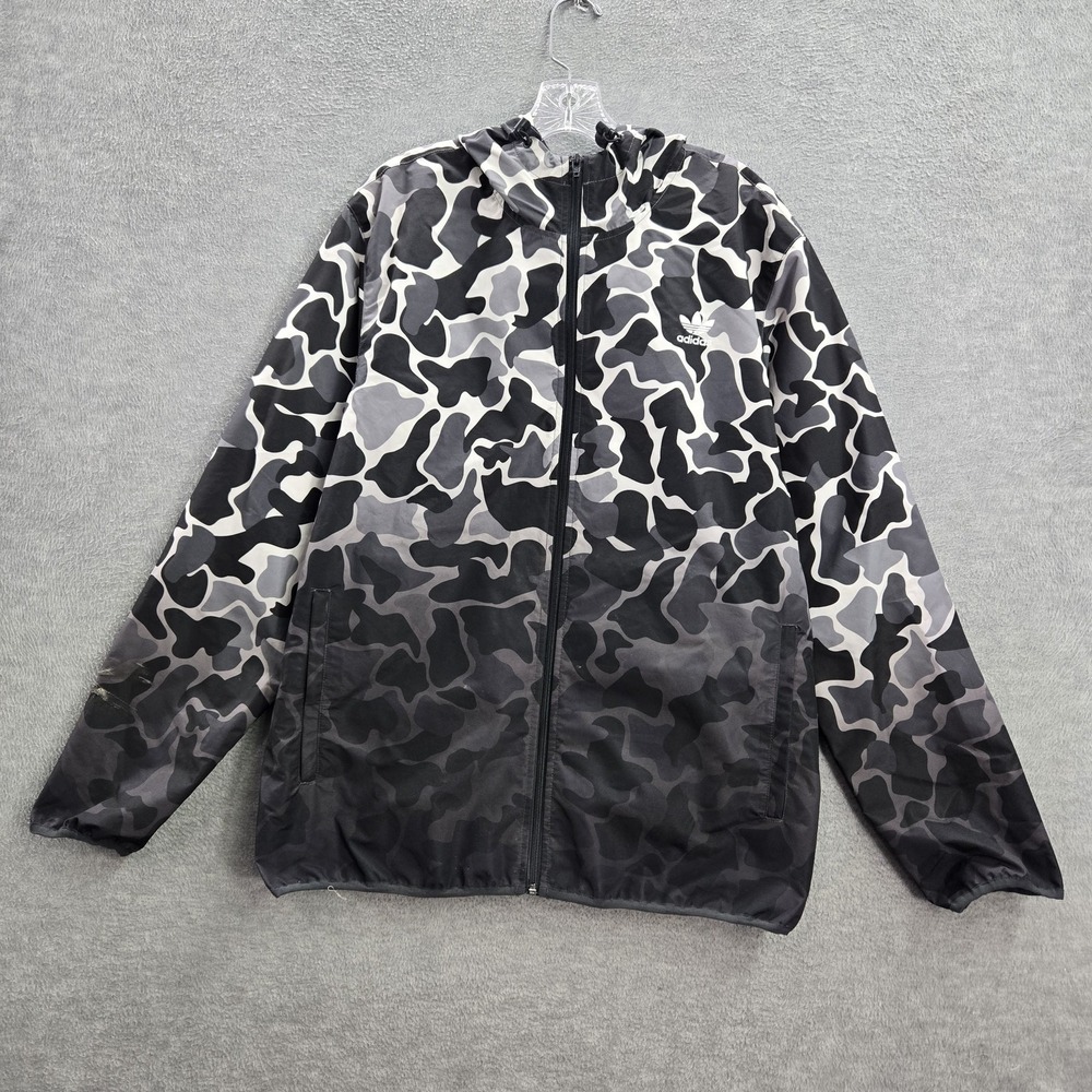 Adidas‎ Men Hoodie L Black Logo Embroidery Camouflage Windbreaker Full Zip READ
